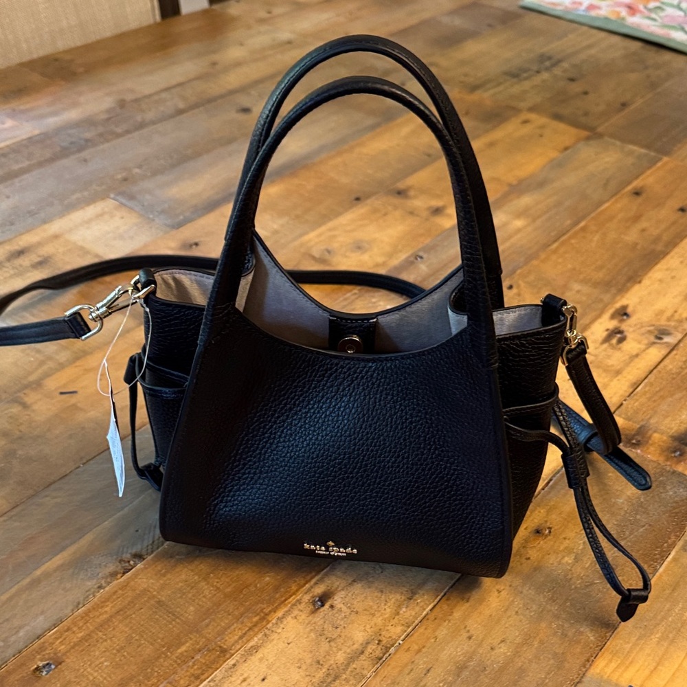 NWT kate spade Black Pebbled authentic Leather Satchel stash carryall Strap new